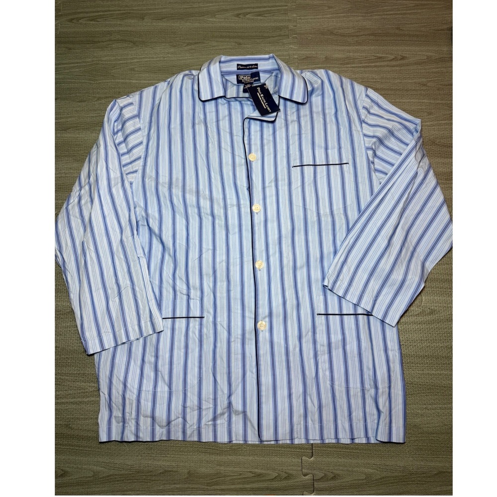Polo Ralph Lauren Mens Blue White Striped Pajama Top Sleepwear Cotton S/M NWT